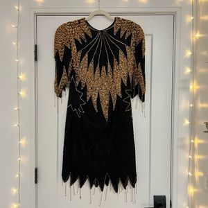 VTG 80's Heavily Beaded Silk Black and Gold Dress
